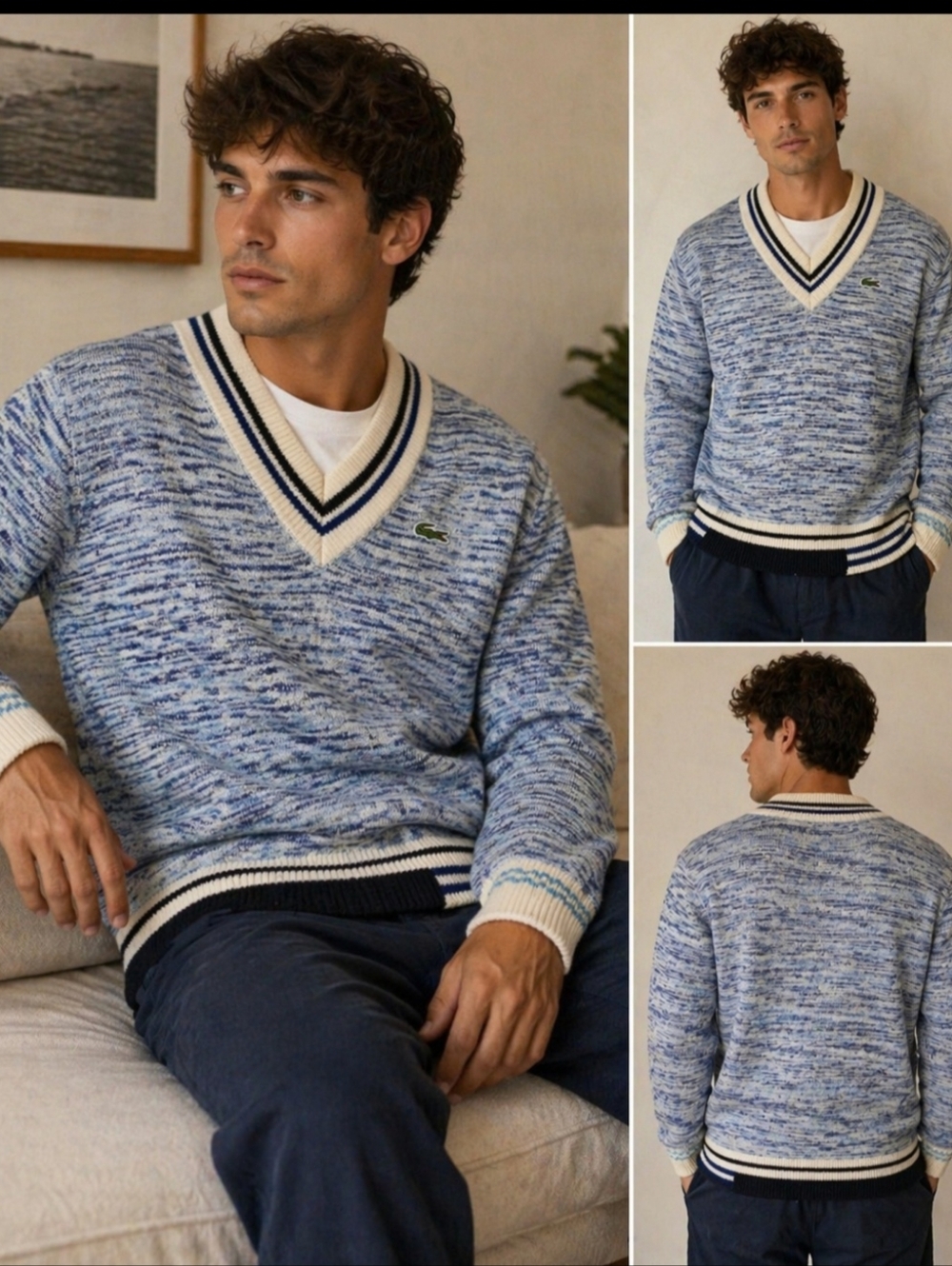 Lacoste Blue  V-Neck Sweater with Contrast Stripes